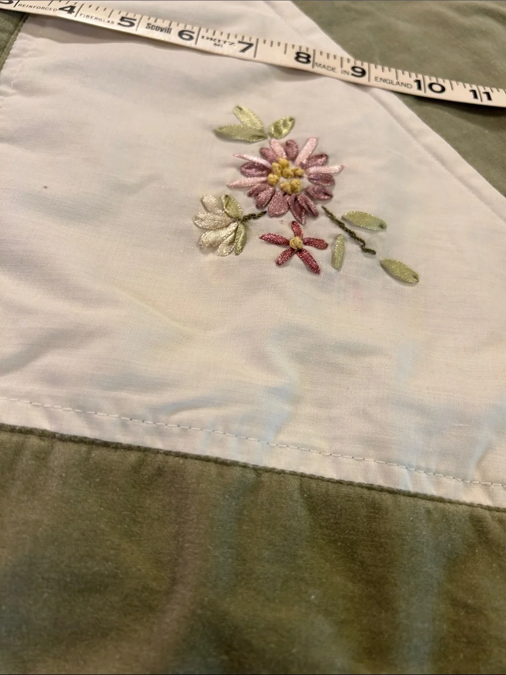Embroidered Floral Pillow Sham in Sage Green and Ivory